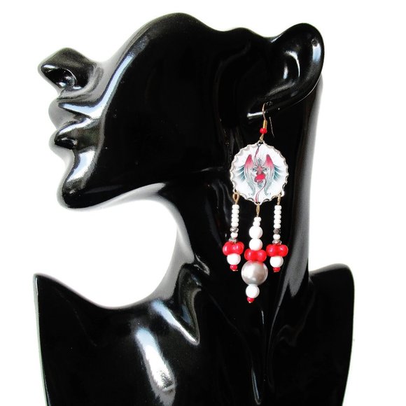 Red White Grey Goth Earrings Handmade Red Wings & Crucifix Gothic Style - Picture 7 of 8